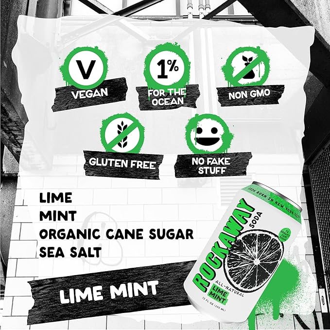 ROCKAWAY Lime Mint Soda Drinks - Low calorie drinks made from Real Fruit Juice All Natural - Soda Pop Drinks Gluten Free Vegan GMO Free - 12oz (12 Pack)