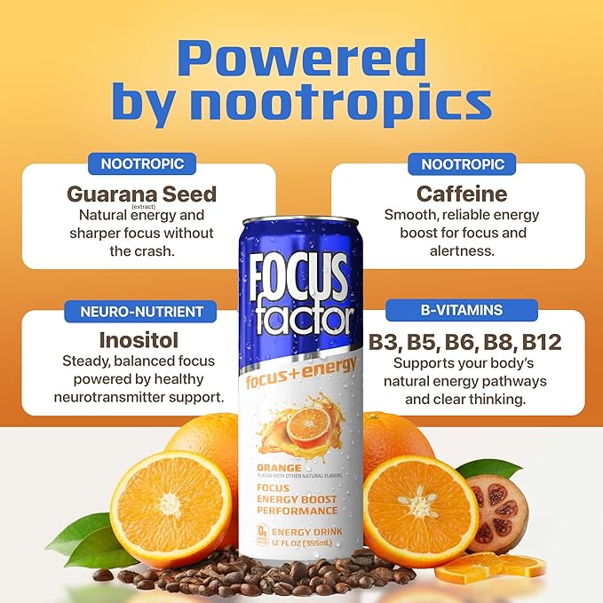 Focus Factor Energy Drink - 12 x 355ml Cans (Orange Flavour) - with Focus + Energy - Lightly Carbonated Sugar Free Low Calorie with Vitamin B6 &amp Vitamin B12