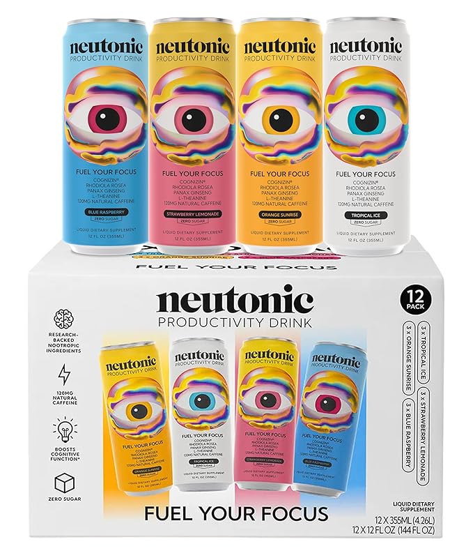 Neutonic Nootropic Productivity Energy Drink | Variety Pack 12 Cans | 120mg Natural Caffeine Zero Sugar | Support Memory Mental Clarity Cognitive Function | Boost Focus Energy Brain Health