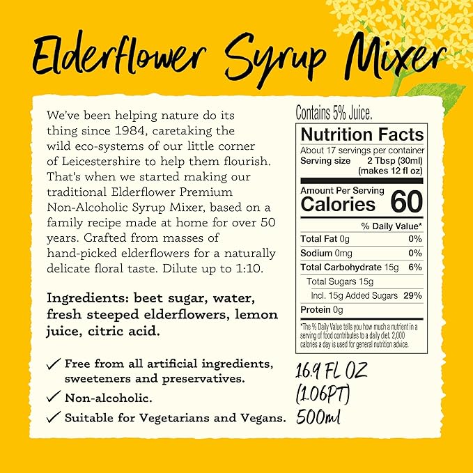 BELVOIR FRUIT FARMS Elderflower Syrup Mixer | Hand-Picked Flowers | Makes Up To 22 Glasses | Traditional Family Recipe | 500ml (16.9 fl oz) each [Pack of 2]
