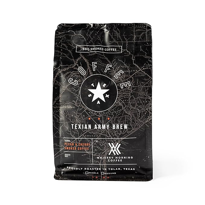 Whiskey Morning Coffee Texian Army Brew Double Smoked Ground Coffee Fire Roasted with Pecan Wood &amp Cold Smoked with Cherry Wood Small Batch Texas Roasted Bold &amp Smooth Medium Roast 10 oz