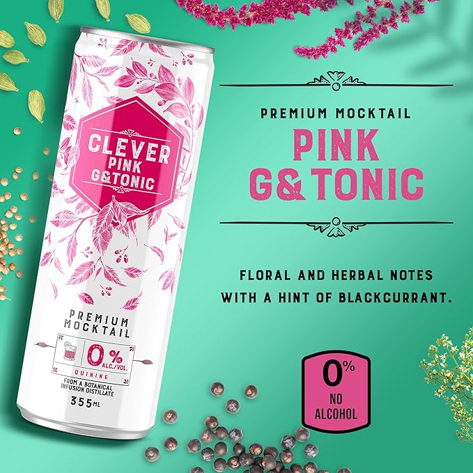 CLEVER - Pink G &amp Tonic Nonalcoholic Mocktails for Any Occasion Refreshing Beverages Inspired by Gin &amp Tonic Low-Calorie Mocktails Non-alcoholic Drinks with 80 Calories Pack of 12 (12 oz E