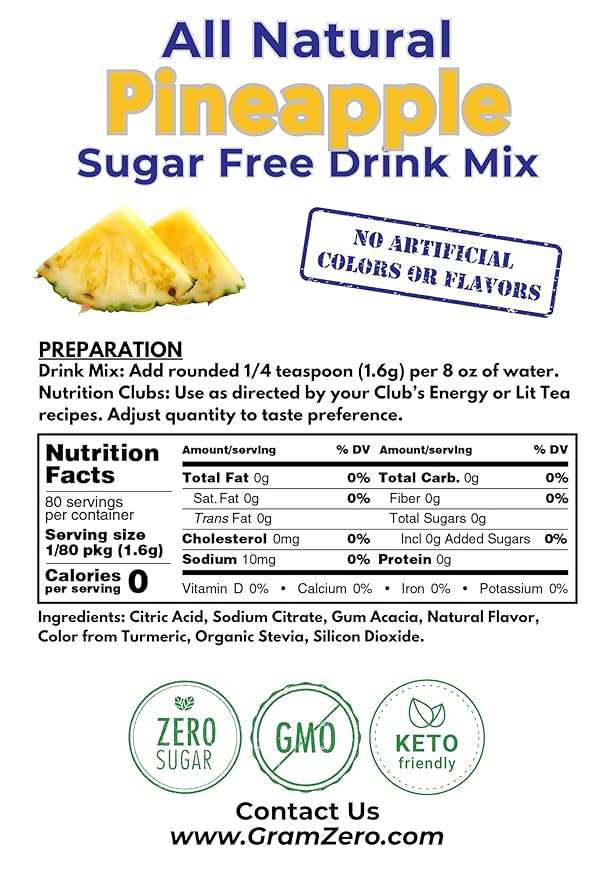 GramZero All Natural Pineapple Zero Calorie Sugar Free Drink Mix Great For Nutrition Club Loaded Tea Stevia Sweetened