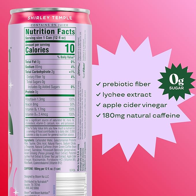 Bloom Nutrition Sparkling Energy Drink - Natural Caffeine Zero Sugar 180mg Caffeine - Antioxidant-Rich with Green Coffee Bean Green Tea Extract Prebiotics - Shirley Temple- 12oz 12 Pack