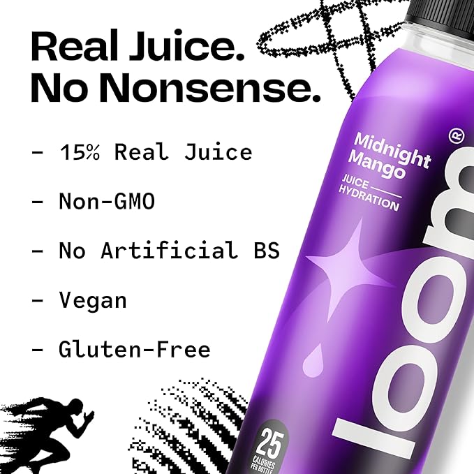 Midnight Mango Juice Drinks by Loom Low Sugar Juice Real Fruit No Added Sugar Healthy Hydration 30 Calories 12 oz bottles 12 pack