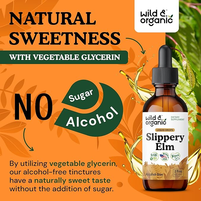 Wild &amp Organic Slippery Elm Drops - Lung Digestive &amp Women's Support - Slippery Elm Bark Tincture - Add to Tea Liquid Extract - Ulmus Rubra Supplement - Vegan Sugar &amp Alcohol-Free - 2 fl