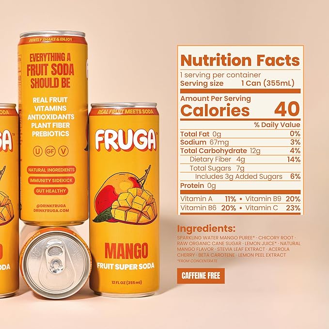 FRUGA Mango Sparkling Fruit Super Soda Prebiotic Soda Low Calorie Healthy Soda Benefits and Vitamin Boost 12 Fl Oz (Pack of 12)