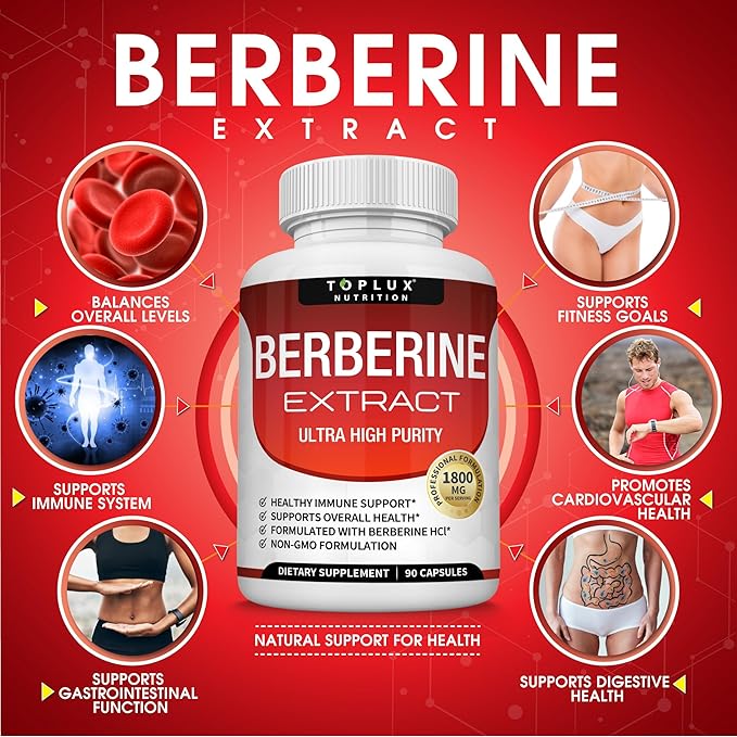 Toplux Berberine Supplement 1800mg - Berberine HCL 97% Tested Ultra High Purity Premium Berberine Extract to Support Overall Health High Potency Berberine Plus Non-GMO Vegan Men Women 90 Capsules