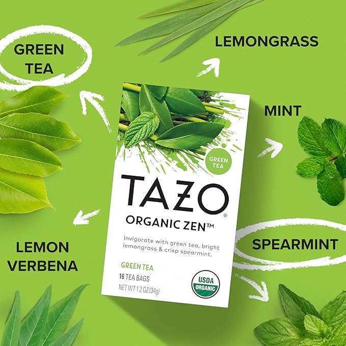 TAZO Organic Zen Green Tea Bags Caffeine Free Tea with Refreshing Lemongrass &amp Spearmint 96 Total Tea Bags (16ct - Pack of 6)