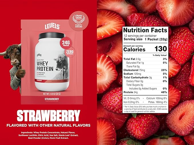 Levels Grass Fed Whey Protein Powder No Artificials 24G of Protein Strawberry 12 Count