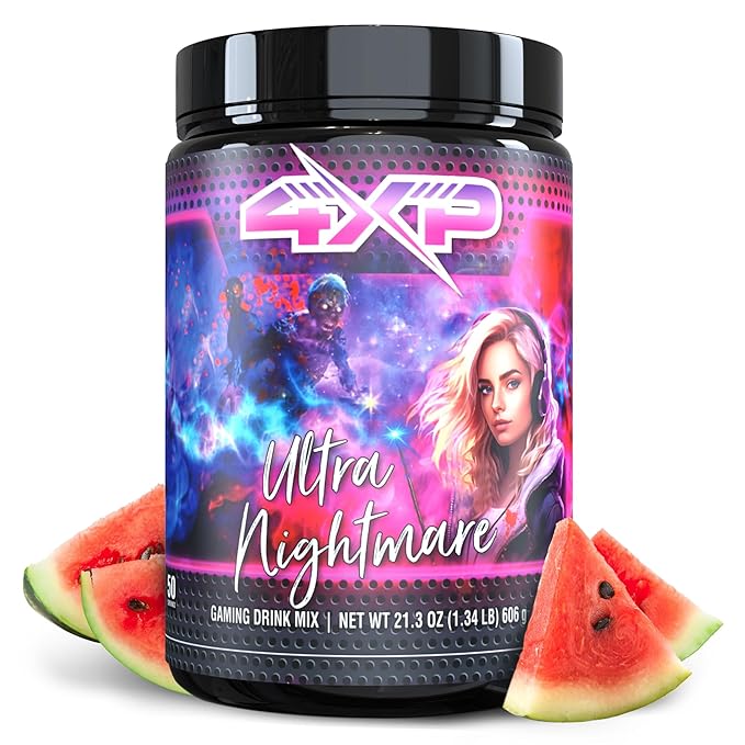4XP Ultra Nightmare Watermelon Gaming Energy Drink Mix| Low-Caffeine Nootropic Powder with B Vitamins &amp Watermelon Flavor for Gamers | 50-Serving Container