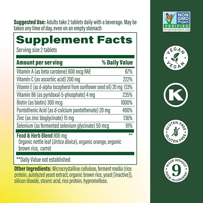 MegaFood Skin Nails &amp Hair 2 - Vitamins For Women &amp Men - Biotin Vitamin A Vitamin C Zinc Vitamin B6 Vitamin E Pantothenic Acid - Vegan - Made Without 9 Food Allergens - 90 Tabs (45 Ser