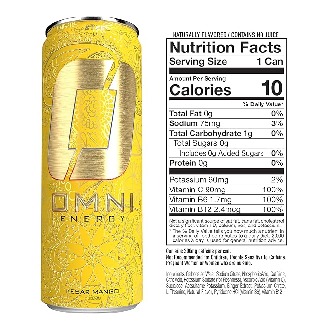 OMNI Energy Drink Kesar Mango 12 Oz (Pack of 12) | Contains 200mg Clean Caffeine B Vitamins | Sugar-Free Low Calorie Energy Drink for All-Day Vitality