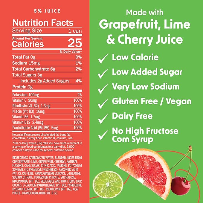 BING Citrus Energizing Juice Beverage – Grapefruit &amp Lime (12oz/12pk) – Made with REAL Juice! Only 2g added Sugar Low Calorie L-Theanine + Ginseng+ Caffeine + Taurine Vegan Gluten + Dairy Free