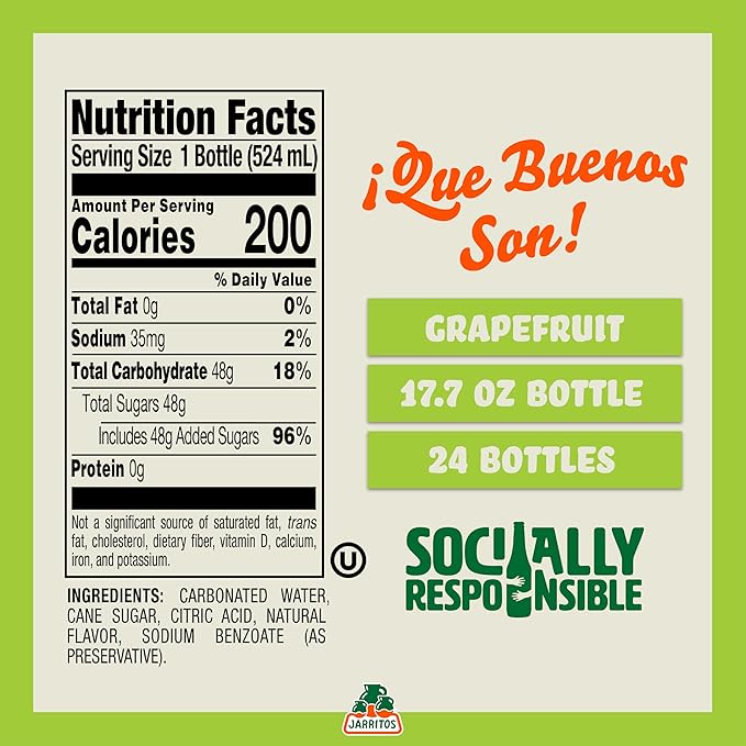 Jarritos - Mexican Soda Soft Drinks Grapefruit (17.7 oz 524ml) 24 Bottles - Made with Real Cane Sugar - 0g Fat - Made in Mexico - Natural Flavor Soda Pop - Party &amp BBQ Beverages