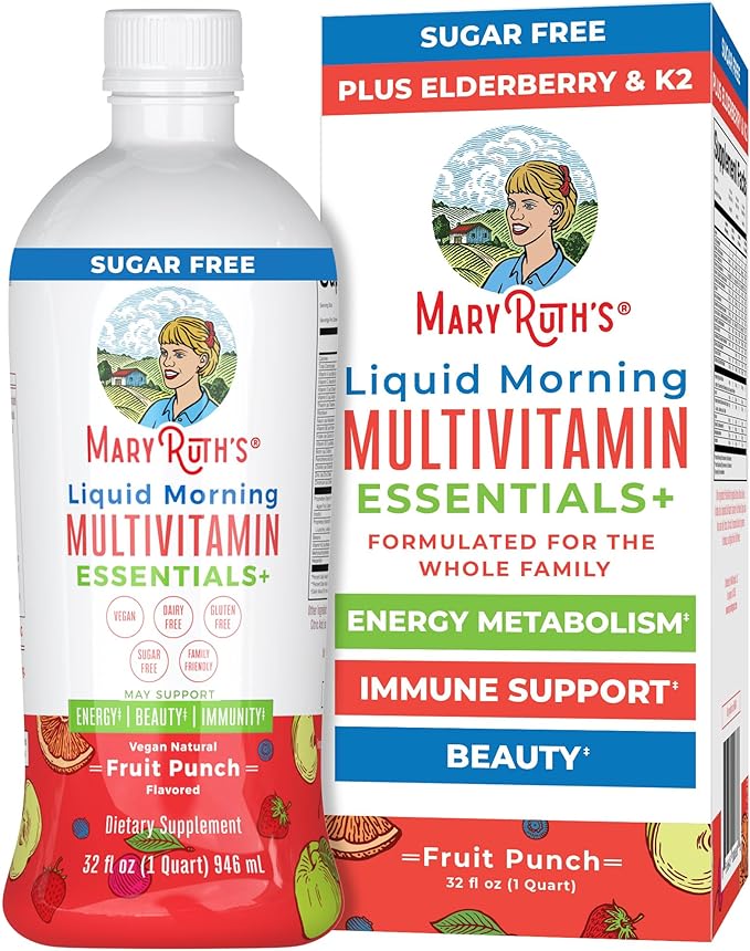 MaryRuth Organics Liquid Morning Multivitamin Essentials+ | Vitamin A C D E B6 B12 Biotin Zinc Mens Womens Multivitamin Immune Support Beauty | Sugar Free | Vitamins for Ages 1+ | Vegan | 32 Fl Oz