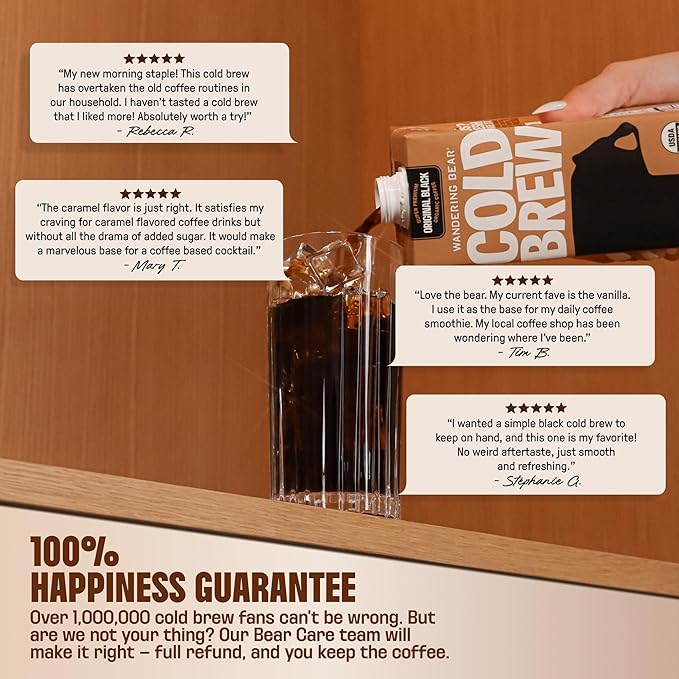 Wandering Bear Organic Cold Brew Coffee Variety Pack - Extra Strong Bold Smooth Unsweetened Shelf-Stable Ready to Drink &amp Vegan Iced Cold Brewed Coffee Drink - 32 fl oz (3pk - Vanilla Black