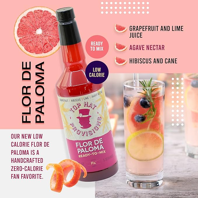 Top Hat Hibiscus Paloma Mix - Grapefruit Cocktail Mixer - Handcrafted with Organic Agave - Low Calorie - 2 Pack of 32oz Bottles
