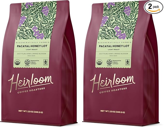Heirloom Coffee Roasters - Pacayal Honey Lot - Light Roast - Whole Bean Coffee - 100% Regenerative Organic Certified 12oz (Pack of 2)