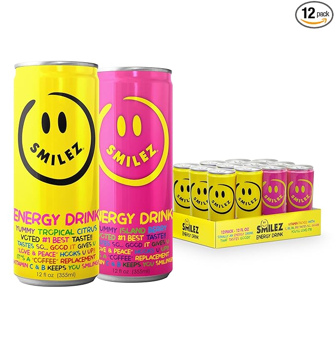 Smilez Energy Drink Variety Pack Tropical Citrus/Island Berry 12 Fl Oz Cans (Pack of 12)