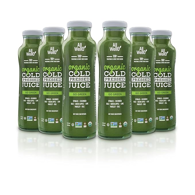 ALLWELLO Organic Cold Pressed Juice Drinks with Real Fruits and Vegetables Gluten Free Non-GMO Healthy Juices No Preservatives No Sugar Adde (6 Pack Go Green)