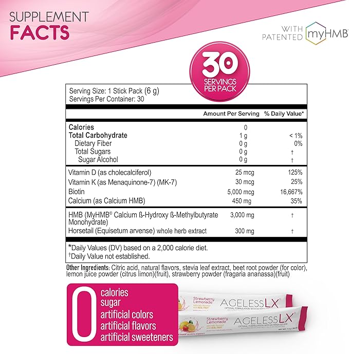 Powder Supplement for Women - with HMB Collagen Enhancer Plus Vitamin D3 K2 Horsetail + Biotin for Lean Muscle and Stronger Hair + Nails - 30 Powder Packets Strawberry Lemonade and Wildberry Bundle