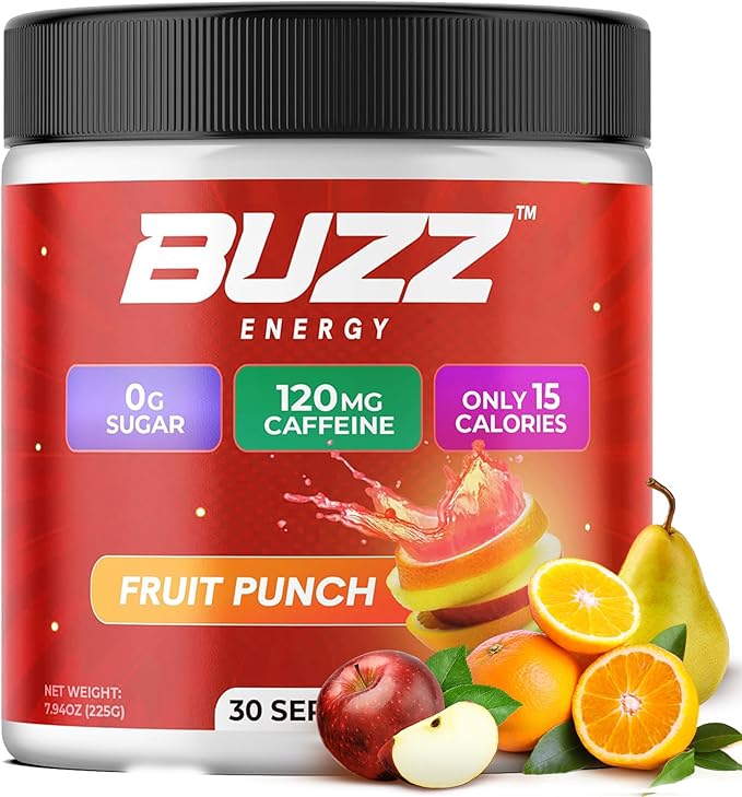 Morning Buzz Energy Drink Powder - Energy Boost Drink Mix - Sugar-Free Energy Powder with Antioxidants - Morning Kickstart and Sports Nutrition Endurance Product - 30 Servings Fruit Punch 7.9 Ounces