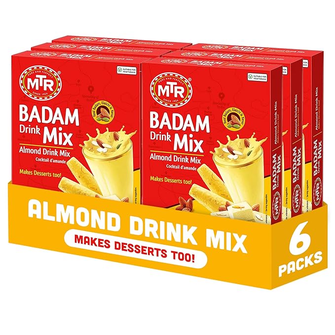 MTR Badam Drink Mix – 200g Pack of 6 Multi-purpose Drink Mix Premium Almond Drink Mix made with select quality Almonds Saffron &amp Cardamom Authentic Indian Flavor Quick &amp Easy to Prepare