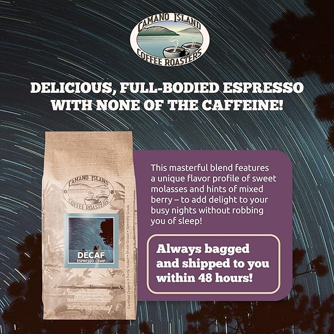 Camano Island Coffee Roasters Decaf Espresso Blend Ground 1lb Fresh Dark Roast Swiss Water Processed USDA Organic Fairly Traded Shade Grown Top 1% Arabica Sweet Molasses Mixed Berry Flavor