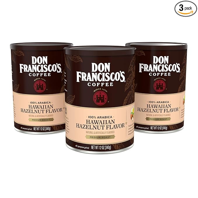 Don Francisco's Hawaiian Hazelnut Ground Flavored Coffee: Rich Aromatic 100% Arabica Beans - (3 x 12 oz Recyclable Cans)