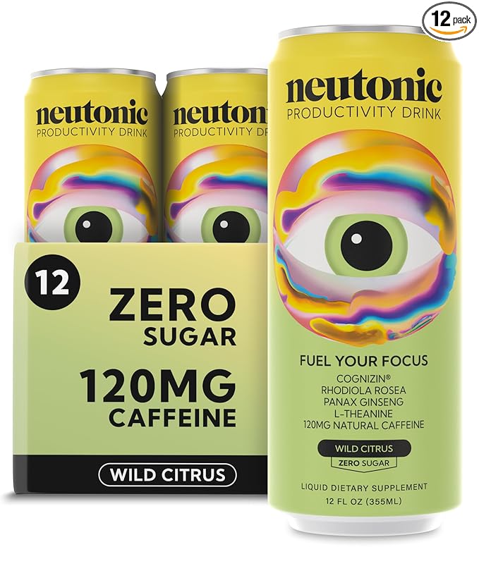 Neutonic Nootropic Productivity Energy Drink | Wild Citrus 12 Cans | 120mg Natural Caffeine Zero Sugar | Support Memory Mental Clarity Cognitive Function | Boost Focus Energy Brain Health