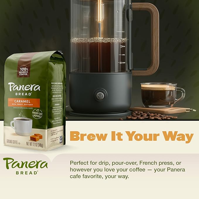 Panera Caramel Light Roast Ground Coffee 100% Arabica Naturally Flavored Caramel Rich Buttery Taste Sustainably Sourced 12oz Bag Pack of 6 (72 oz Total)