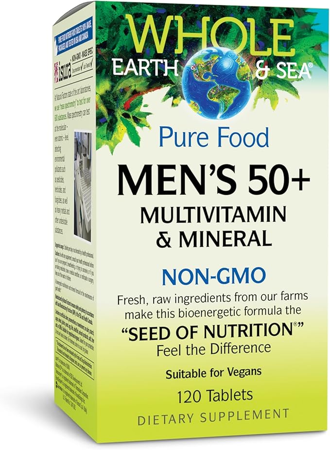 Natural Factors Whole Earth &amp Sea Men's 50+ Multivitamin &amp Mineral - Daily Nutritional Support Multivitamin - Supports Brain Health &amp Immune System Function - Vegan - 120 Tablets (60 Servi