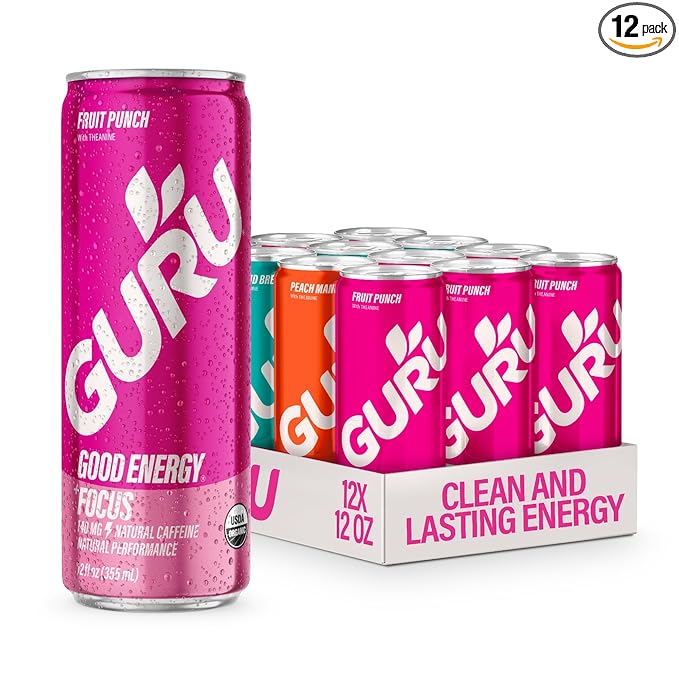 GURU PUNCH Organic Energy Drinks Variety Pack Clean Energy Drink with Plant Based Natural Caffeine from Green Tea + Focus w/L-Theanine Gluten Free 140mg Caffeine Healthy Drinks 12oz (Pack of 12)
