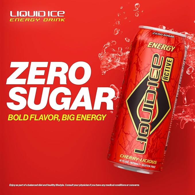 Liquid Ice Active Energy Drink Cherry Licious Zero Sugar 160mg Natural Caffeine from Green Tea with CoQ10 &amp Ginseng Clean Focus &amp Performance Support Gluten Free 16oz Cans (12 Pack)