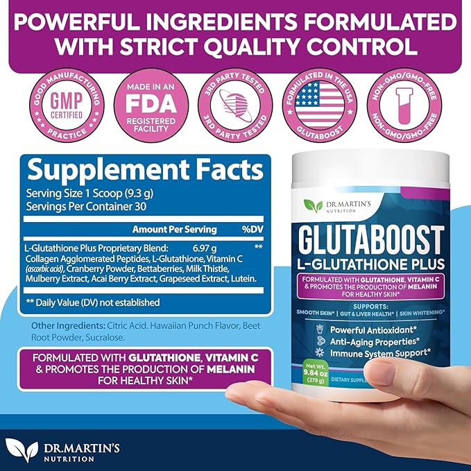 6970mg Glutathione Powder for Skin Brightening Enhanced with Collagen &amp Vitamin C | Brightens Skin Fades Dark Spots &amp Melasma Anti-Aging Antioxidant | Supports Immune Gut &amp Liver Health