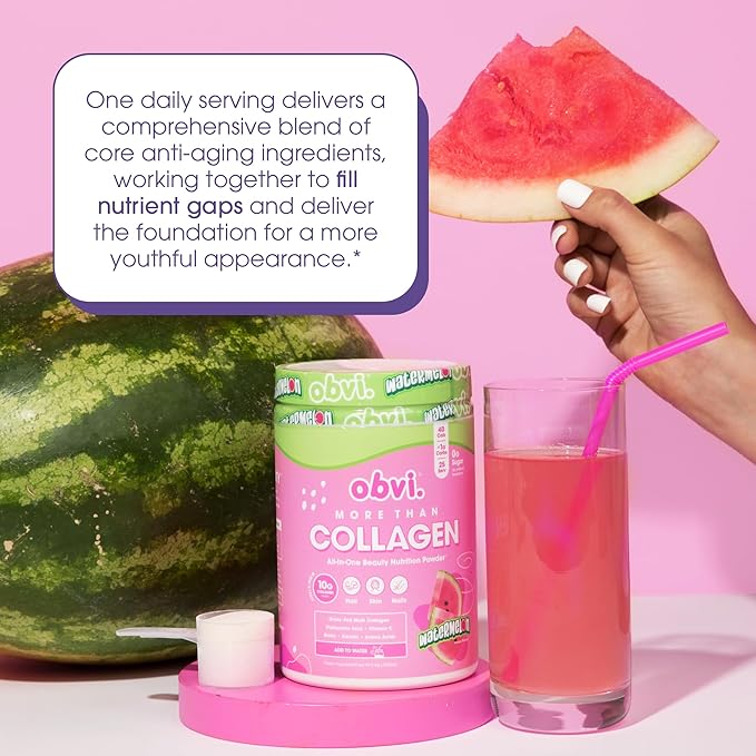 Obvi More Than Collagen Powder | Supports Healthy Hair Skin Nails Joints Gut | Grass-Fed Multi Collagen Supplement with Hyaluronic Acid Biotin Keratin | Watermelon 25 Servings