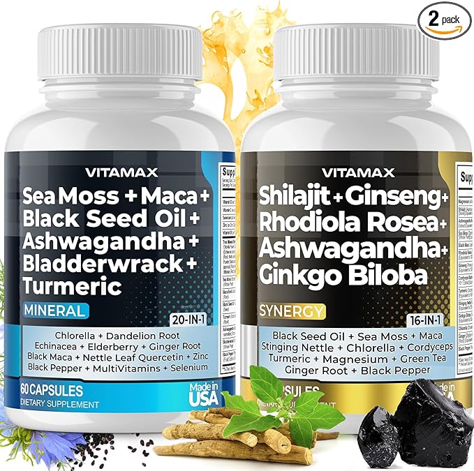 Vitamax Pure Himalayan Shilajit Supplement Sea Moss Ashwagandha Bladderwrack Gingko Biloba Organic Capsules &amp Trace Mineral for - Non-GMO - Vegan - Men and Women – Made in USA