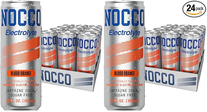 NOCCO Zero Sugar Electrolyte Drink Blood Orange - 12 Fl Oz (Pack of 24) - 200mg Caffeine Sugar Free with Electrolytes Carbonated &amp Low Calorie B Vitamins Grab &amp Go Performance Drink