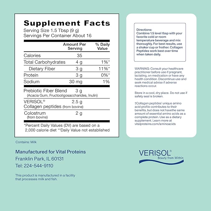 Vital Proteins® Advanced Collagen + Colostrum + Prebiotic Fiber 2.5g VERISOL® Collagen Peptides Supports Gut Immune Health** Hair Skin &amp Nail Support**