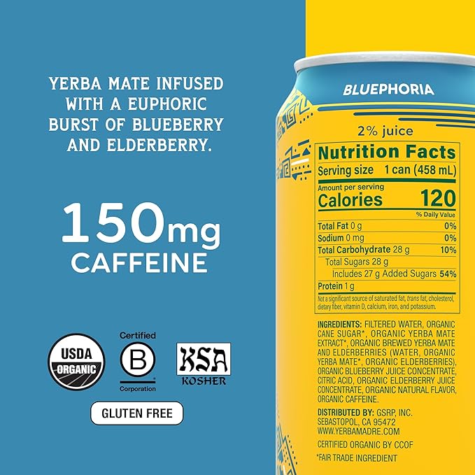 Yerba Madre Organic Yerba Mate Energy Drink Alternative Full-Sugar Variety Pack 150mg Plant Based Caffeine Smooth Energy &amp Focus No Jitters or Crash 15.5oz Cans (Pack of 12)