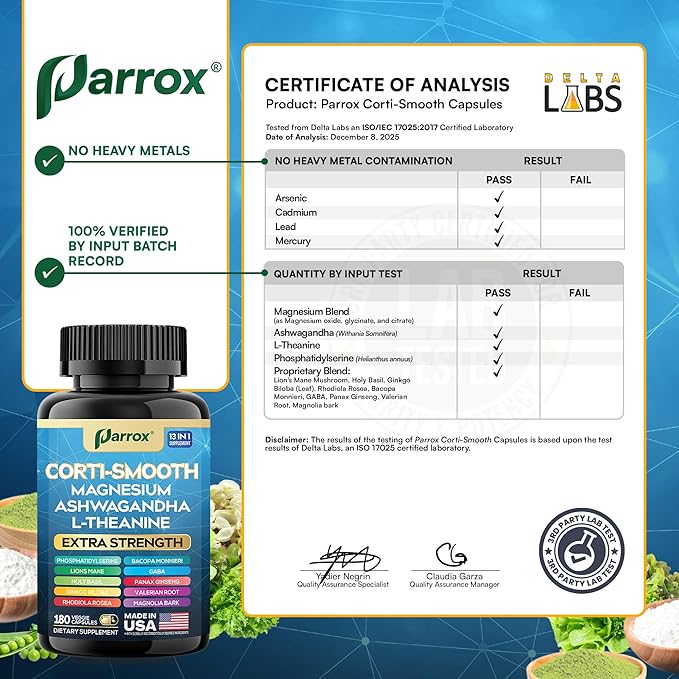Corti-Smooth Cortisol Supplement Magnesium L-Theanine Ashwagandha Magnolia Bark Panax Ginseng Bacopa Monnieri GABA Lions Mane Ginkgo Biloba Phosphatidylserine Valerian Root (180 Caps)