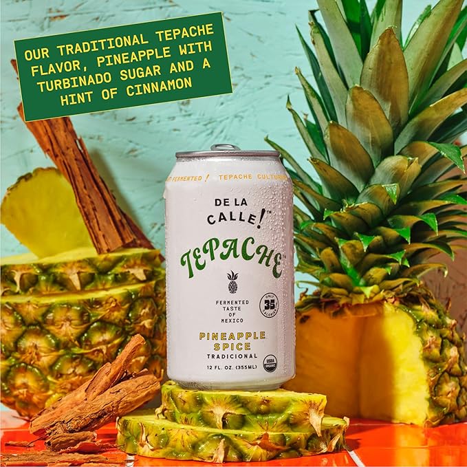 De La Calle Tepache - Pineapple Spice - Modern Mexican Soda - Craft Fermented Pineapple Sparkling Beverage - Certified Organic Antioxidant Rich Non-Alcoholic Healthy Soda Low Sugar Low Calorie N