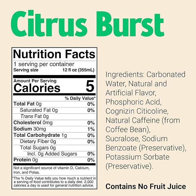BUM Sugar-Free Energy Drink Citrus Burst - Lightly Carbonated &amp No Artificial Colors Natural Caffeine &amp Citicoline for Energy &amp Focus Brain Boost &amp Workout Sports Beverage - 12 oz