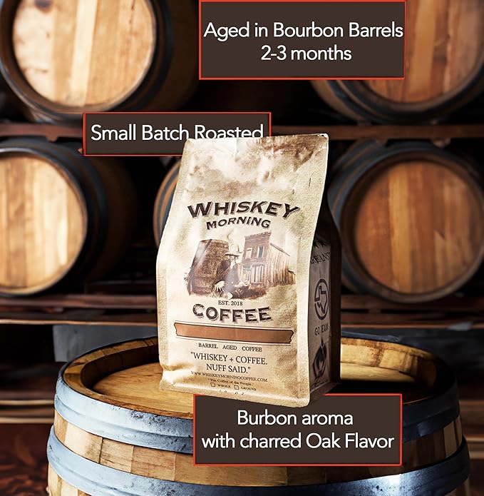Whiskey Morning Coffee Bourbon Barrel Aged Whole Bean Fire Roasted Coffee Beans 100% Arabica Specialty Grade Non-Alcoholic Whiskey Infused Coffee Beans Small Batch Texas Roasted 10 oz Bag