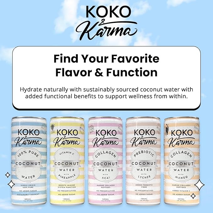 Koko &amp Karma Pure Coconut Water - All Natural No Added Sugars No Preservatives (12 Pack) (16.9 Fl Oz (Pack of 12) Pure Coconut Water)