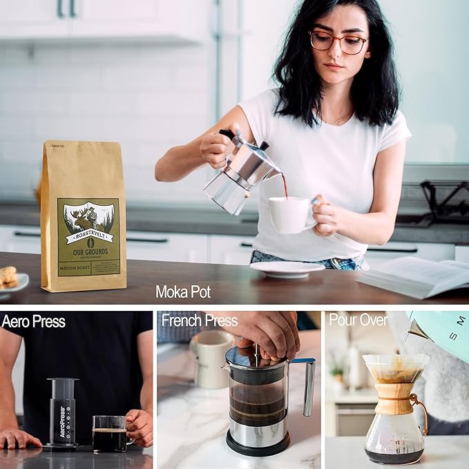 Our Grounds Coffee Roastevelt - Ground Medium Roast (100% Arabica Colombian Coffee) Non GMO- Low Acid- Single Origin - 12oz