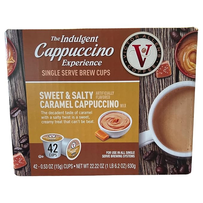 Indulgent Sweet &amp Salty Caramel Cappuccino Single Serve Cups - 42 Count w/ 5 RECIPES (Package May Vary)