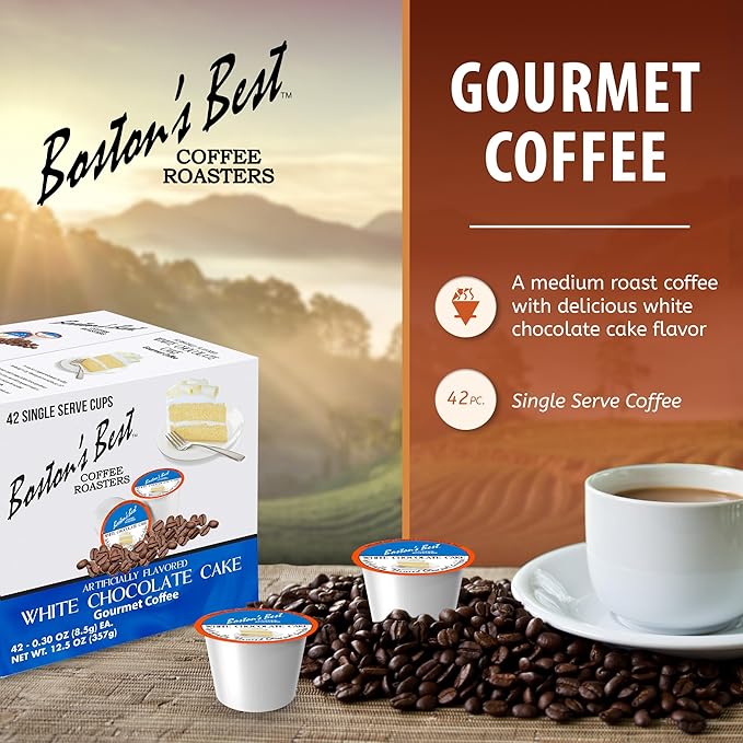 Boston’s Best - White Chocolate Cake Flavored Delicious Gourmet Coffee Compatible with Keurig Coffee Maker 1 Count (42 Single Serve Medium Roast Cups)