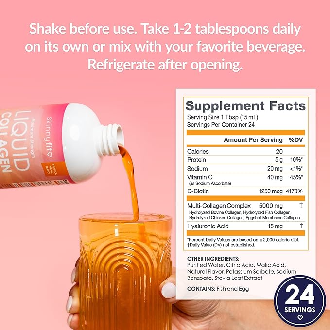 SkinnyFit - Liquid Collagen Tropical Mango (24 Servings) - Multi Collagen Peptides - D-Biotin Hyaluronic Acid Vitamin C - Non GMO Gluten Free - Dairy &amp Sugar Free - Body &amp Skin Care - 12.2